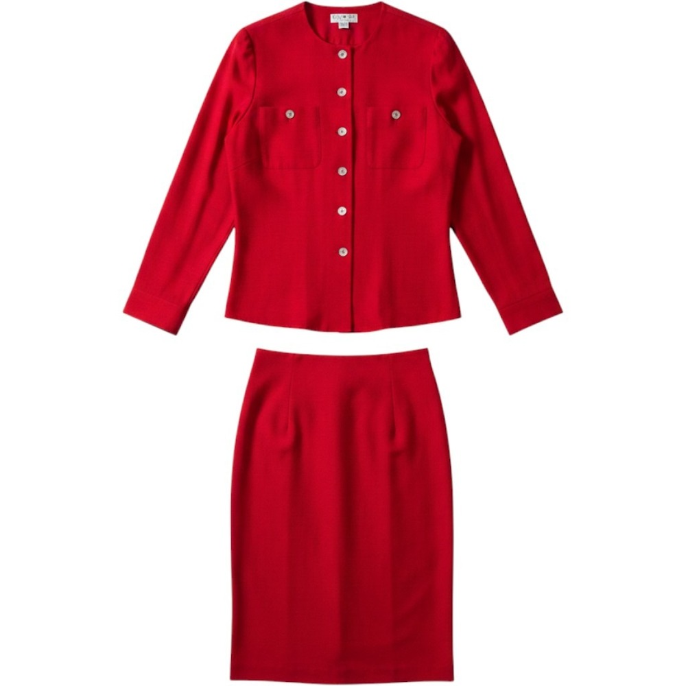 VTG Shomi Womens Red 100% Silk 2 Piece Skirt Set Blazer Midi Skirt 10 Officewear